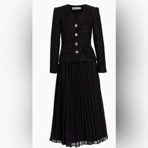 Self-Portrait Black Tinsel Bouclé Chiffon Pleated Midi Dress US 4 NWT Sold Out